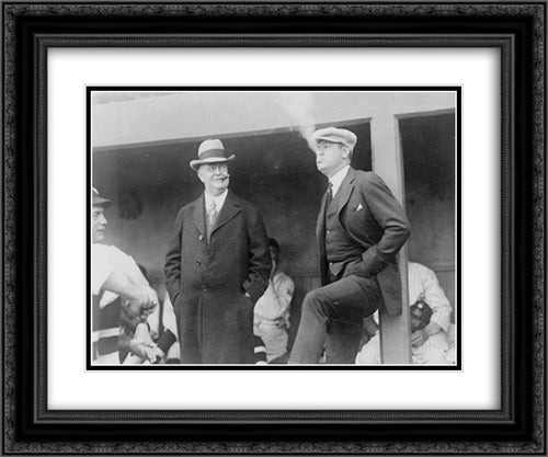 Babe Ruth in a reflectice [sic] mode, snaped [sic] in the Wash [Washington, D.C.] dugout before the game--President Ban Johnson seems to enjoy the situation 24x20 Black Ornate Wood Framed Art Print Poster with Double Matting by Library of Congress