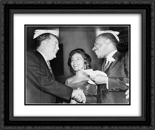 Vice President-elect Hubert Humphrey shaking hands with Dr. Martin Luther King, as Mrs. King looks on, at a rally at Harlem's 369th Regiment Armory 24x20 Black Ornate Wood Framed Art Print Poster with Double Matting by Library of Congress