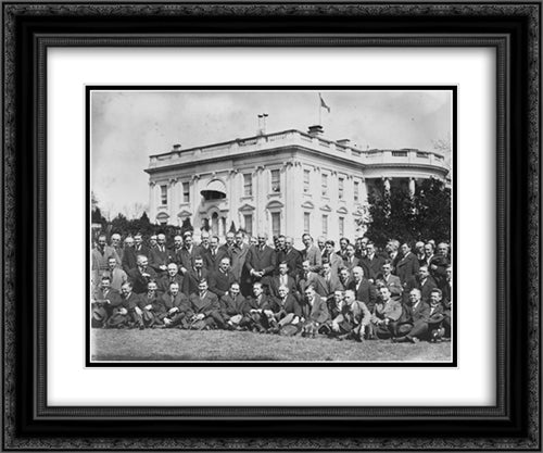 President Harding, standing on the lawn of the White House, with large group of newspapermen seated and standing around him 24x20 Black Ornate Wood Framed Art Print Poster with Double Matting by Library of Congress