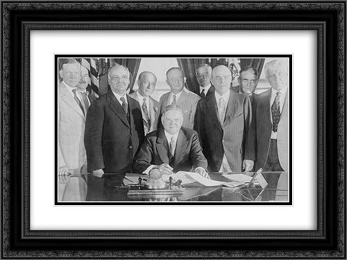 President Hoover in the prese[nce] of leaders in Congress signing the Farm Relief Bill 24x18 Black Ornate Wood Framed Art Print Poster with Double Matting by Library of Congress