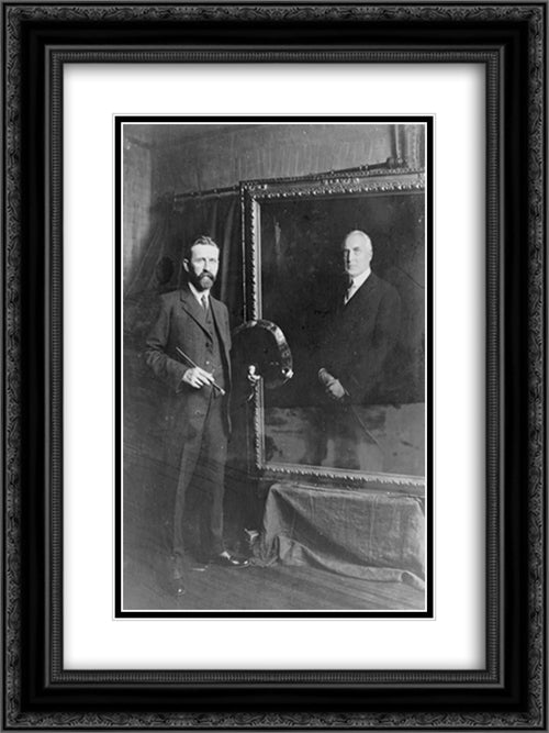 E. Hodgson Smart, the prominent English painter, and his canvas of President Harding which he has just completed 18x24 Black Ornate Wood Framed Art Print Poster with Double Matting by Library of Congress