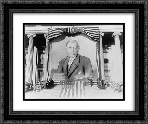 Banner-size portrait painting of Woodrow Wilson hanging from a building 24x20 Black Ornate Wood Framed Art Print Poster with Double Matting by Library of Congress