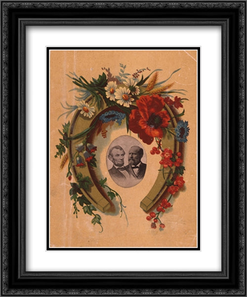 Presidents Garfield and Lincoln surrounded by a floral arrangement covering a horseshoe. 20x24 Black Ornate Wood Framed Art Print Poster with Double Matting by Library of Congress