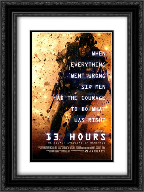 13 Hours : The Secret Soldiers of Benghazi 18x24 Black Ornate Wood Framed Movie Poster with Double Matting