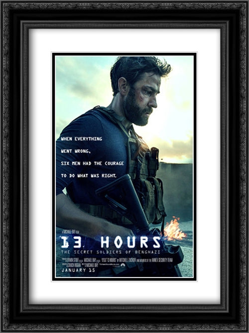 13 Hours : The Secret Soldiers of Benghazi 18x24 Black Ornate Wood Framed Movie Poster with Double Matting