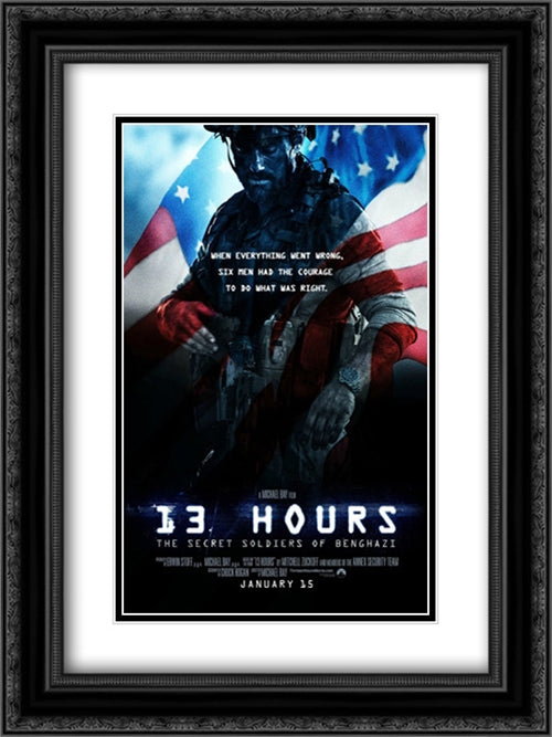 13 Hours : The Secret Soldiers of Benghazi 18x24 Black Ornate Wood Framed Movie Poster with Double Matting