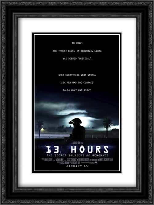 13 Hours : The Secret Soldiers of Benghazi 18x24 Black Ornate Wood Framed Movie Poster with Double Matting