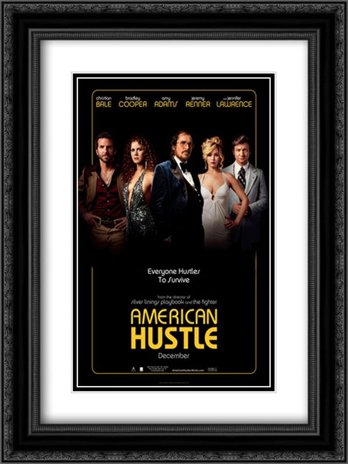 American Hustle 18x24 Black Ornate Wood Framed Movie Poster with Double Matting