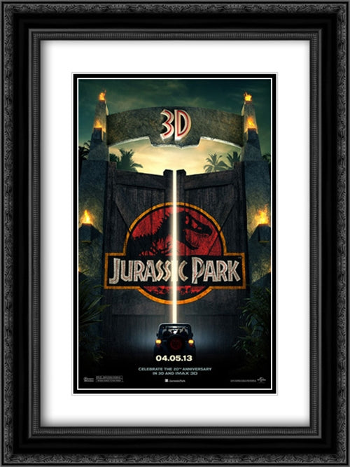 Jurassic Park 3D 18x24 Black Ornate Wood Framed Movie Poster with Double Matting