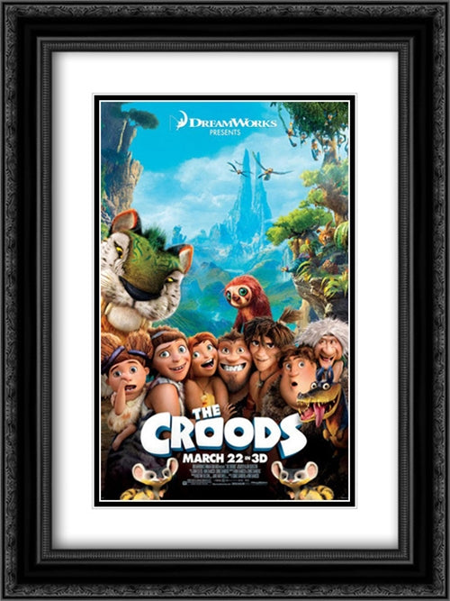 The Croods 18x24 Black Ornate Wood Framed Movie Poster with Double Matting