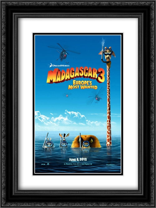 Madagascar 3: Europe's Most Wanted 18x24 Black Ornate Wood Framed Movie Poster with Double Matting