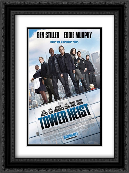Tower Heist 18x24 Black Ornate Wood Framed Movie Poster with Double Matting