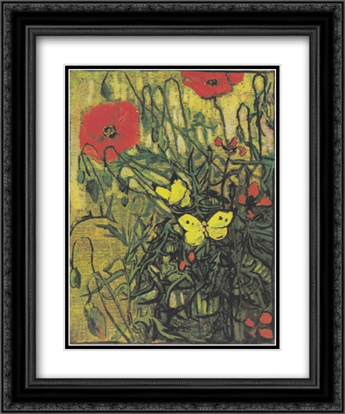Butterflies And Poppies, San Remy 1890 16x20 Black Ornate Wood Framed Art Print Poster with Double Matting by Van Gogh, Vincent