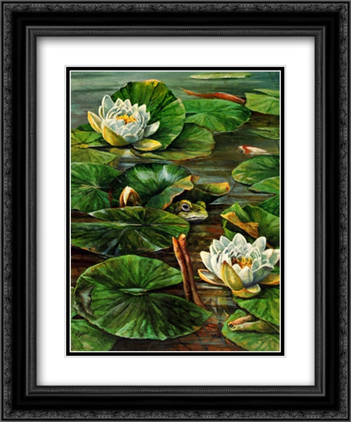 Frog In Lily Pond 2x Matted 20x24 Black Ornate Wood Framed Art Print Poster with Double Matting by Durgin, Pat