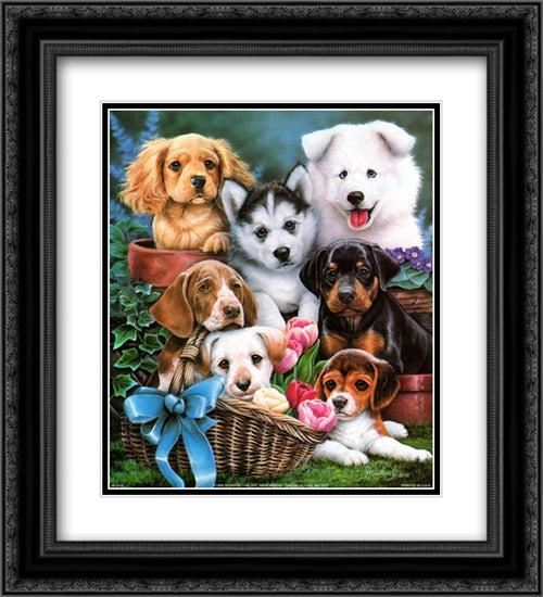 Puppies I 2x Matted 20x24 Black Ornate Wood Framed Art Print Poster with Double Matting by Newland, Jenny
