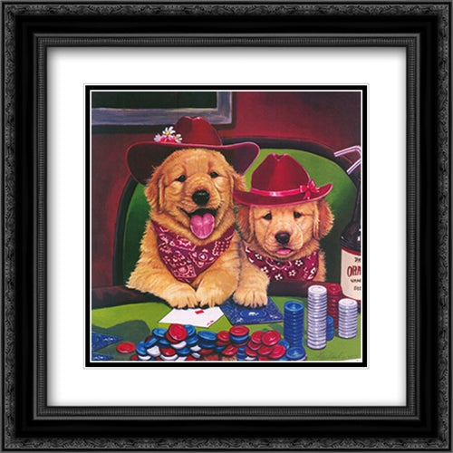 Poker Pups IV 16x16 Black Ornate Wood Framed Art Print Poster with Double Matting by Newland, Jenny