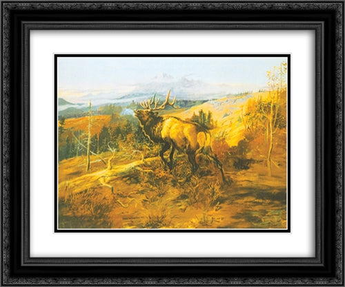 The Elk 24x19 Black Ornate Wood Framed Art Print Poster with Double Matting by Russell, Charles M.