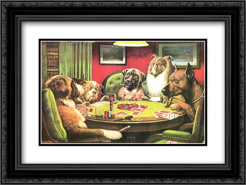 Is the St. Bernard Bluffing? / Dogs Playing Poker 22x16 Black Ornate Wood Framed Art Print Poster with Double Matting by Coolidge, Cassius Marcellus
