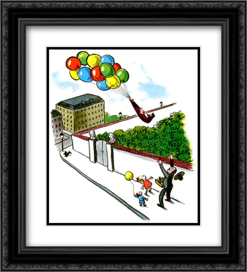 Curious George (Balloons) 2x Matted 20x24 Black Ornate Wood Framed Art Print Poster with Double Matting by Rey, H. A.