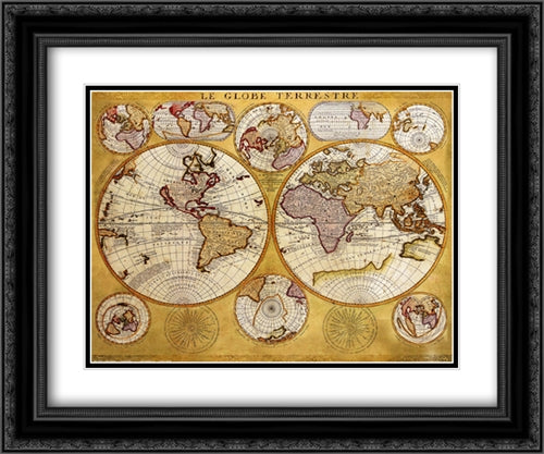 Antique Map - Globe Terrestre 2x Matted 20x24 Black Ornate Wood Framed Art Print Poster with Double Matting by Coronelli, Coronelli
