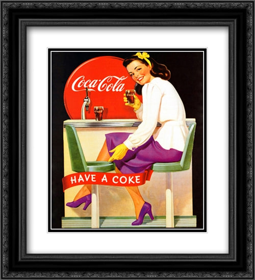 Coca-Cola Lady in Purple 2x Matted 20x24 Black Ornate Wood Framed Art Print Poster with Double Matting