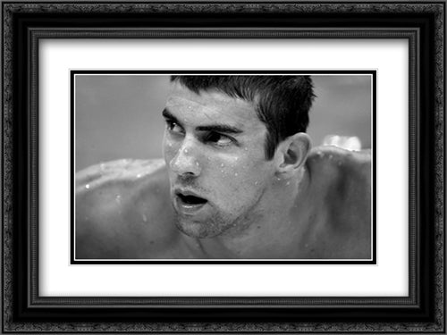 Michael Phelps: Black and White Portrait 22x17 Black Ornate Wood Framed Art Print Poster with Double Matting