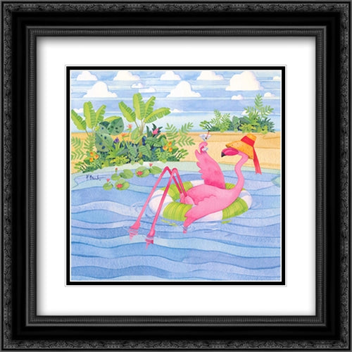 Martini Float Flamingo 16x16 Black Ornate Wood Framed Art Print Poster with Double Matting by Brent, Paul