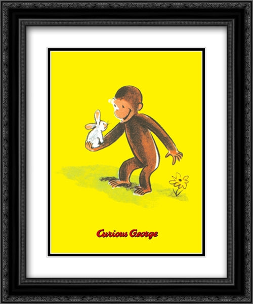 Curious George Holds a Bunny 2x Matted 20x24 Black Ornate Wood Framed Art Print Poster with Double Matting by Rey, H. A.