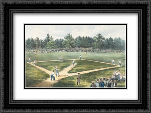 The American National Game of Baseball at The Elysian Fields 24x19 Black Ornate Wood Framed Art Print Poster with Double Matting by Currier and Ives