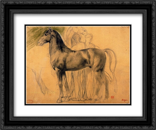 Study of a Horse with Figures 2x Matted 24x20 Black Ornate Wood Framed Art Print Poster with Double Matting by Degas, Edgar