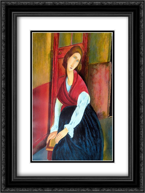 Portrait de Jeanne Hebuterne 16x20 Black Ornate Wood Framed Art Print Poster with Double Matting by Modigliani, Amedeo