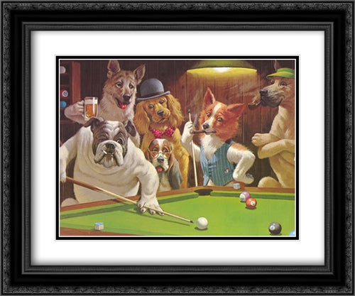 The Hustler / Dogs Playing Pool 2x Matted 24x20 Black Ornate Wood Framed Art Print Poster with Double Matting by Sarnoff, Arthur