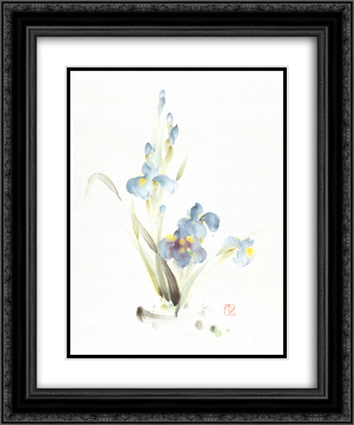 Blue Iris 2x Matted 20x24 Black Ornate Wood Framed Art Print Poster with Double Matting by Stratman, Kay