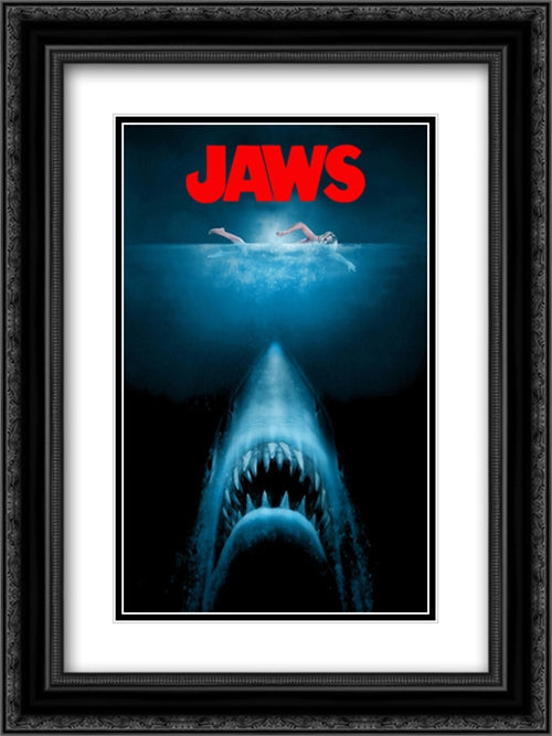 Jaws 18x24 Black Ornate Wood Framed Movie Poster with Double Matting