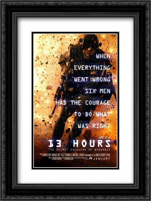 13 Hours: The Secret Soldiers of Benghazi 18x24 Black Ornate Wood Framed Movie Poster with Double Matting
