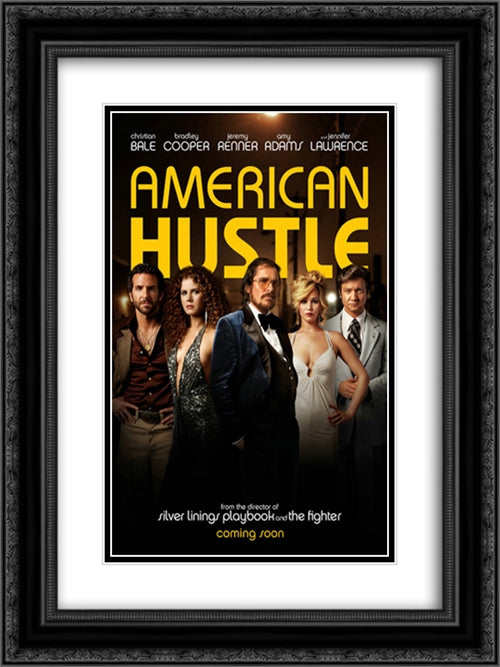 American Hustle 18x24 Black Ornate Wood Framed Movie Poster with Double Matting