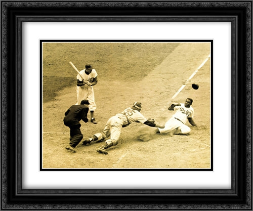 Jackie Robinson Stealing Home 2x Matted 24x20 Black Ornate Wood Framed Art Print Poster with Double Matting