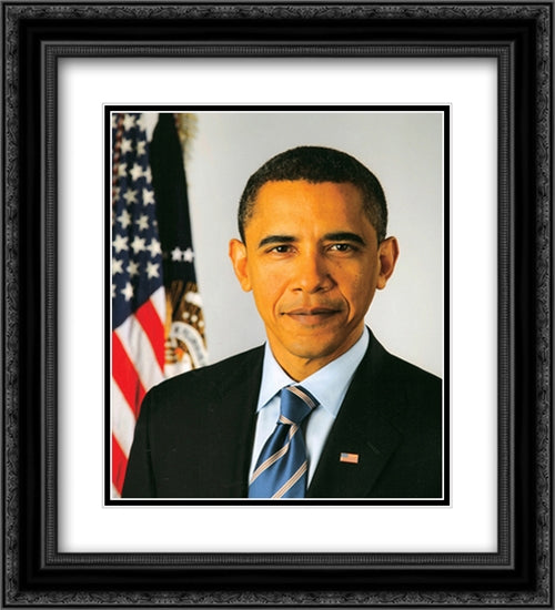 Barack Obama 2009 Official Portrait 2x Matted 20x24 Black Ornate Wood Framed Art Print Poster with Double Matting