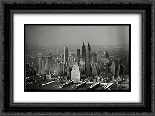 Manhattan Skyline 20x16 Black Ornate Wood Framed Art Print Poster with Double Matting