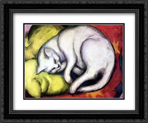 Cat On A Yellow Pillow 2x Matted 24x20 Black Ornate Wood Framed Art Print Poster with Double Matting by Marc, Franz