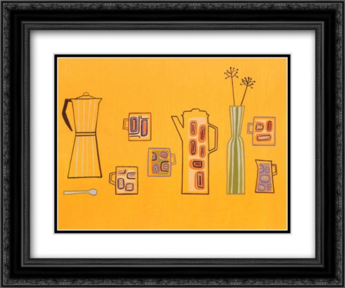 Yellow Coffee Pots and Mugs 2x Matted 24x20 Black Ornate Wood Framed Art Print Poster with Double Matting