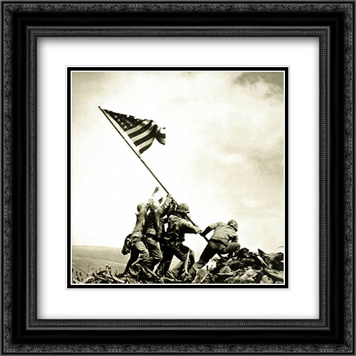 Iwo Gima American Flag 2x Matted 20x20 Black Ornate Wood Framed Art Print Poster with Double Matting