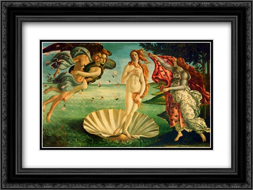 Birth Of Venus 2x Matted 24x20 Black Ornate Wood Framed Art Print Poster with Double Matting by Botticelli, Sandro