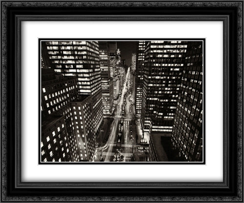 Park Avenue At Night, New York City 2x Matted 20x24 Black Ornate Wood Framed Art Print Poster with Double Matting by Silberman, Henri