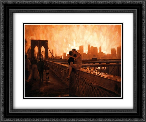 Les Amoureux De Brooklyn Bridge 2x Matted 20x24 Black Ornate Wood Framed Art Print Poster with Double Matting by Hefferan