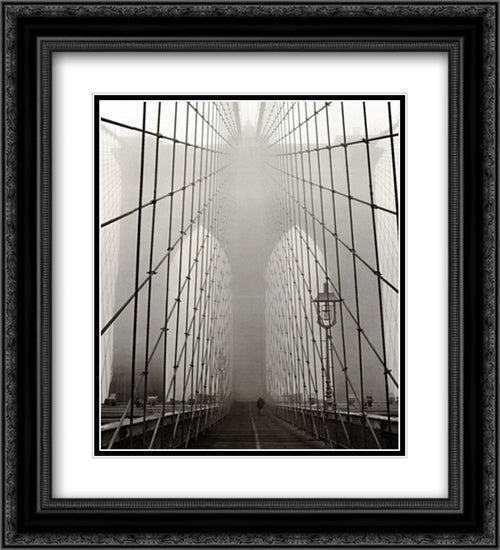 Foggy Day On Brooklyn Bridge 2x Matted 20x24 Black Ornate Wood Framed Art Print Poster with Double Matting by Silberman, Henri