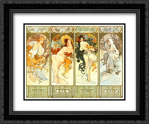 Les Saisons 2x Matted 20x24 Black Ornate Wood Framed Art Print Poster with Double Matting by Mucha, Alphonse