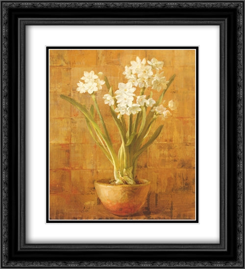 White Narcissus on Bronze 16x20 Black Ornate Wood Framed Art Print Poster with Double Matting by Nai, Danhui