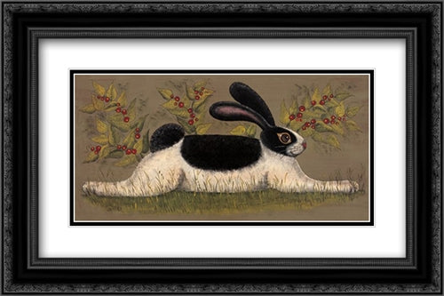 Green Folk Bunny 20x12 Black Ornate Wood Framed Art Print Poster with Double Matting by Hilliker, Lisa