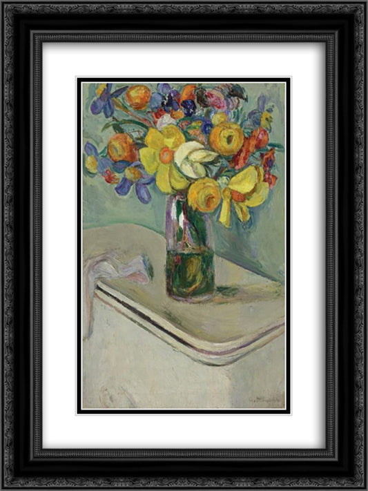 Flowers. Vase on a Hamper 18x24 Black Ornate Wood Framed Art Print Poster with Double Matting by Manievich, Abraham